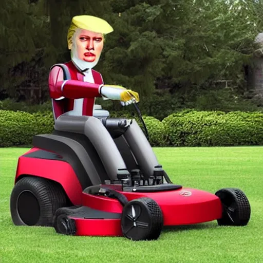 Prompt: a robot lawn mower looking like donald trump