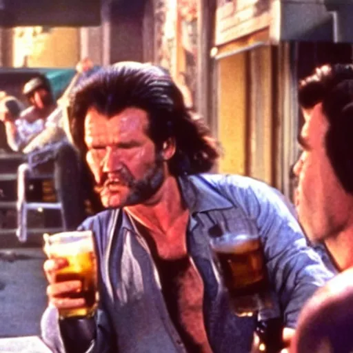 Image similar to deleted scene from Big trouble in little China, cinematic still, Jack Burton drinking beer, amazing shot