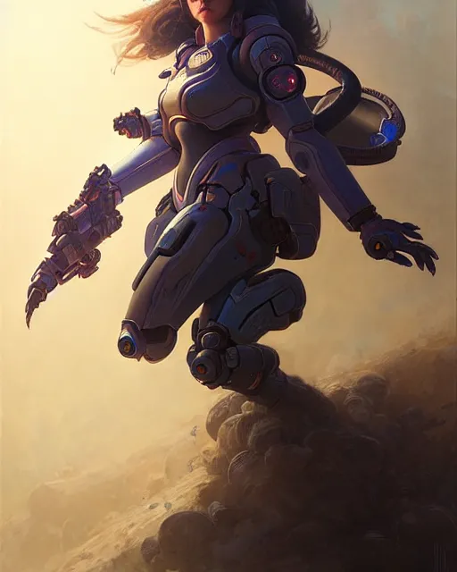 Image similar to d. va from overwatch, character portrait, concept art, intricate details, highly detailed by greg rutkowski, michael whelan and gustave dore
