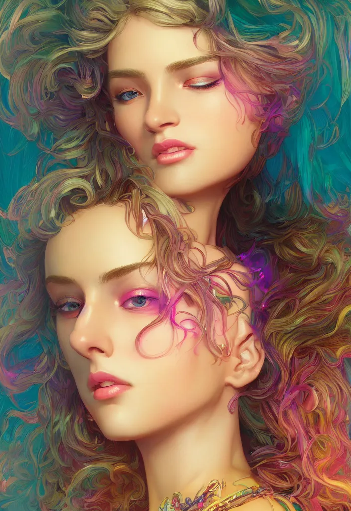Image similar to beautiful, young woman, detailed gorgeous face, vaporwave aesthetic, synthwave, colorful, psychedelic, artstation, concept art, smooth, extremely sharp detail, finely tuned detail, ultra high definition, 8 k, unreal engine 5, ultra sharp focus, illustration, art by artgerm, greg rutkowski and alphonse mucha