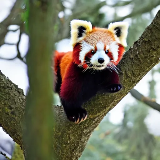 Prompt: a red panda wearing a christmas hat in a tree