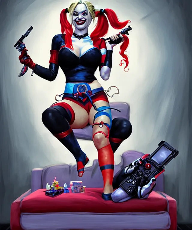 Image similar to tasteful Caricature of the beautiful Harley Quinn, playing video games on a couch, Harley Quinn is winning and laughing manically, fun, funny, highly detailed, digital painting, artstation, concept art, smooth, sharp focus, illustration, art by artgerm and greg rutkowski and alphonse mucha