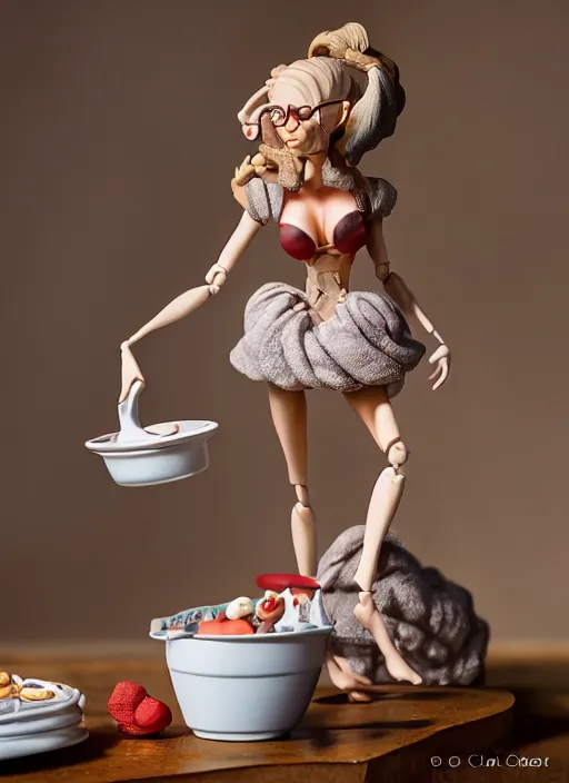 Image similar to product photography of a claymation action figure doutzen kroes doing the dishes, depth of field, zeiss lens, detailed, centered, by nicoletta ceccoli, mark ryden, erwin olaf, earl nore, frank frazetta, breathtaking, 8 k resolution, extremely detailed, beautiful, establishing shot, hyperrealistic