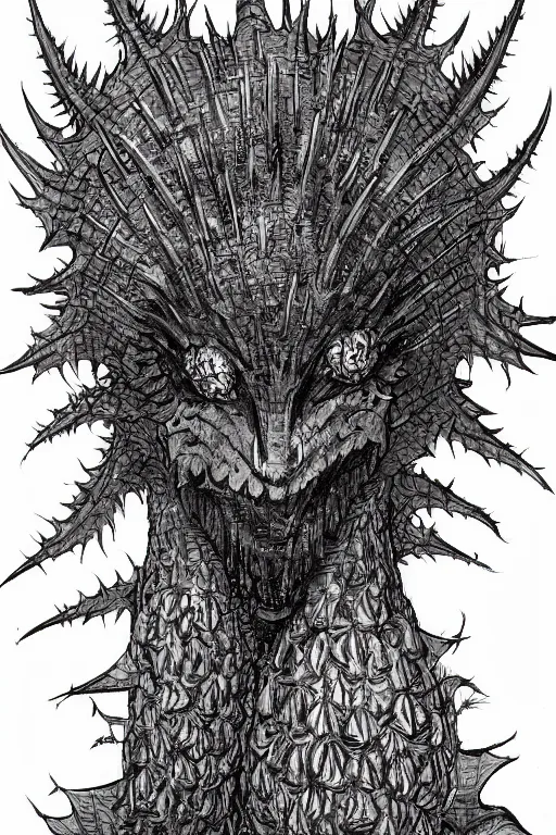 Image similar to thistle monster heavily armoured, symmetrical, highly detailed, digital art, needles, thorns, sharp focus, trending on art station, kentaro miura manga art style