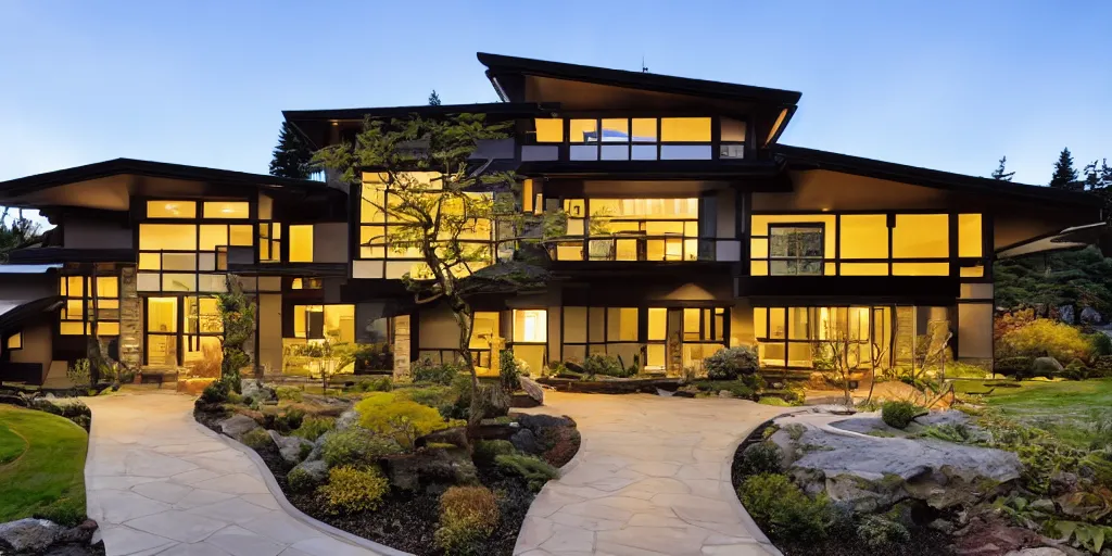 Image similar to large modern residence, washington state japanese style, flared japanese black tile roof, many large windows with light, elegant