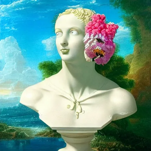 Image similar to award winning masterpiece with incredible details, a surreal gigantic marble bust vaporwave vaporwave vaporwave vaporwave vaporwave painting by Thomas Cole of an old pink mannequin head with flowers growing out, sinking underwater, highly detailed, reality is an illusion