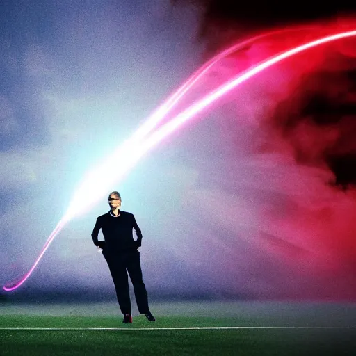 Image similar to jose mourinho jumping shooting lasers, in the sky, clouds, beautiful picture