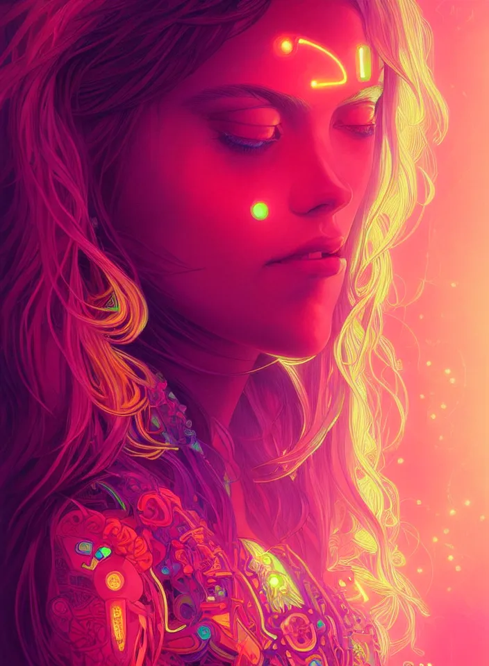 Prompt: symmetry!! portrait of hippie girl, neon glowing lights!! psychedelic, intricate, elegant, highly detailed, digital painting, artstation, concept art, smooth, sharp focus, illustration, art by artgerm and greg rutkowski and alphonse mucha, 8 k