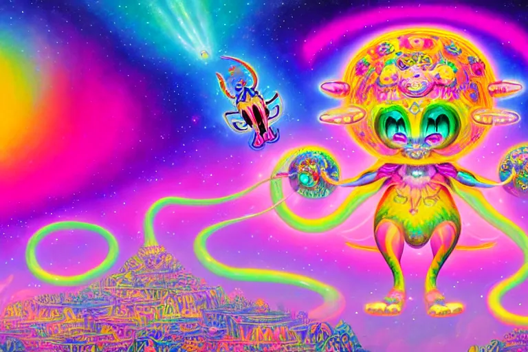 Image similar to lisa frank illustration of rebulon the cute ancient demon, by lisa frank, masterpiece concept art, 8 k, intricate detail, cinematic lighting, epic pose, bright colors