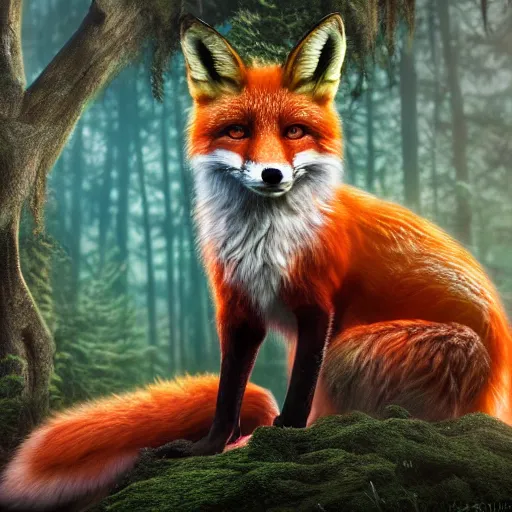 Image similar to Photorealistic fox queen of the enchanted forest. Hyperdetailed photorealism, 108 megapixels, amazing depth, glowing rich colors, powerful imagery, psychedelic Overtones, 3D finalrender, 3d shading, cinematic lighting, artstation concept art