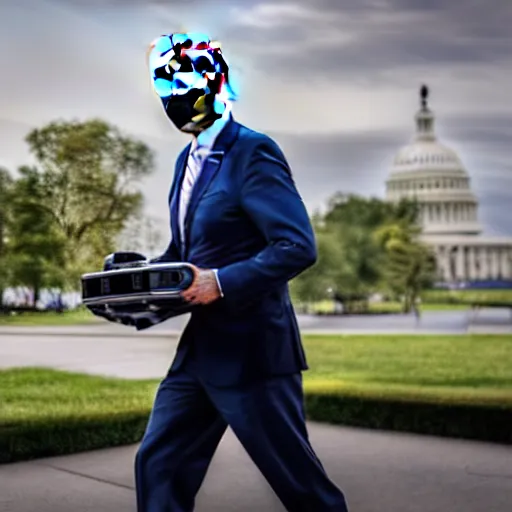 Prompt: A professional photograph of Joe Biden going to the US capital with a hoverboard, HDR, 8k,