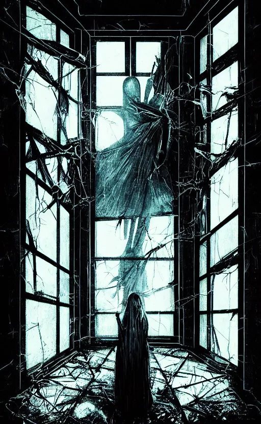 Image similar to vertical movie frame portrait of girl inside abandoned bedroom, ominous backrooms at distance seen through big broken shattered window, giger interior design, architectural design, vintage, liminal aesthetic, dreamcore, weirdcore, clean lines, wide angle, by wayne barlowe, tsutomu nihei, zdzislaw beksinski,