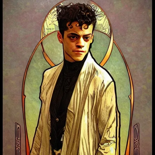 Prompt: rami malek portrait by louis - theophile hingre and alphonse mucha, realistic, sharp focus, zodiac signs, tarot cards, planets, ethereal, art nouveau, magic, moon, sun, crown, dreamy, royal, jewellery