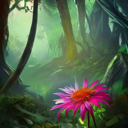 Image similar to hidden flower in dark forest, dense jungle, colorful flower, color palette, painting, mysterious, beautiful, magic the gathering, artstation award