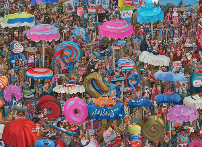 Image similar to where's waldo, lollipops and donuts, lowbrow, matte painting, 3 - d highly detailed, in the styles of lilla alvarado, camille rose garcia