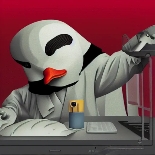 Image similar to a duck wearing a labcoat, computers in the background, digital art