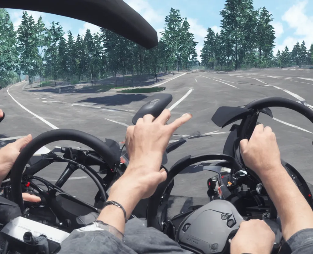 Prompt: first person point of view of driver simulator