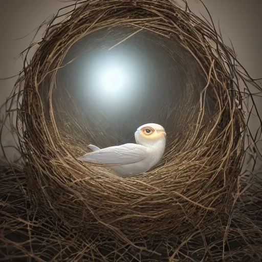 Prompt: atmospheric beautiful amadin in a nest, transparent, with light glares, reflections, photo realistic, photography, photorealism, ultra realistic, intricate, detail, rim light, depth of field, unreal engine, dslr, rtx, style swarovski, dior, faberge