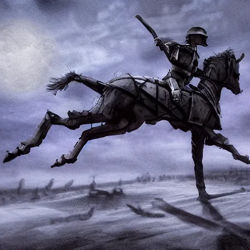 Image similar to a haunting Digital art of a tired spartan soldier riding a skeleton horse on the battlefield in the style of photo-realistic , acrylic, bleak, moonlight, detailed, dark, ominous, threatening, haunting, forbidding, gloomy,stormy, doom, apocalyptic,sinister, shadowy, ghostly,unnerving, harrowing, dreadful ,frightful, shocking, terror, hideous, ghastly, terrifying