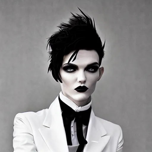 Prompt: beautiful portrait of androgynous ruby rose as desire from sandman in a white tuxedo!!!, rockabilly style, by peter lindbergh, by alphonse mucha, cedric peyravernay, by jeremy mann, by frank moth, white suit and black tie, soft lightning, high detailed, 8 k