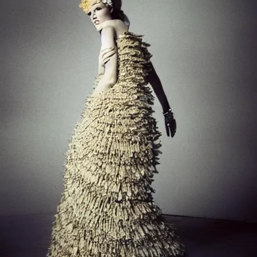 Image similar to stunning gown made of 🐝 !! street style, backlit, Alexander mcqueen, Vivienne Westwood, Oscar De la Renta, Dior, high fashion photo shoot, photograph by annie leibovitz, fantasy lut,