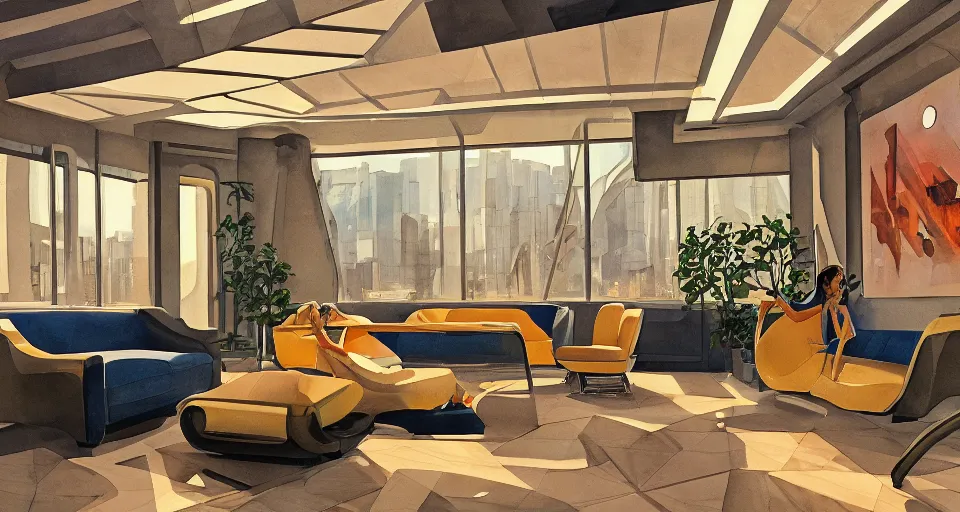 Image similar to a beautiful illustration of futuristic interior hall, lots of furniture, sofa, waiting room, big medium small, sacred geometry, golden ratio, in watercolor gouache detailed paintings, in style of syd mead, trending on artstation,8k, panel, hard surface, vent, zaha hadid, props, plant, cozy,decoration around the room