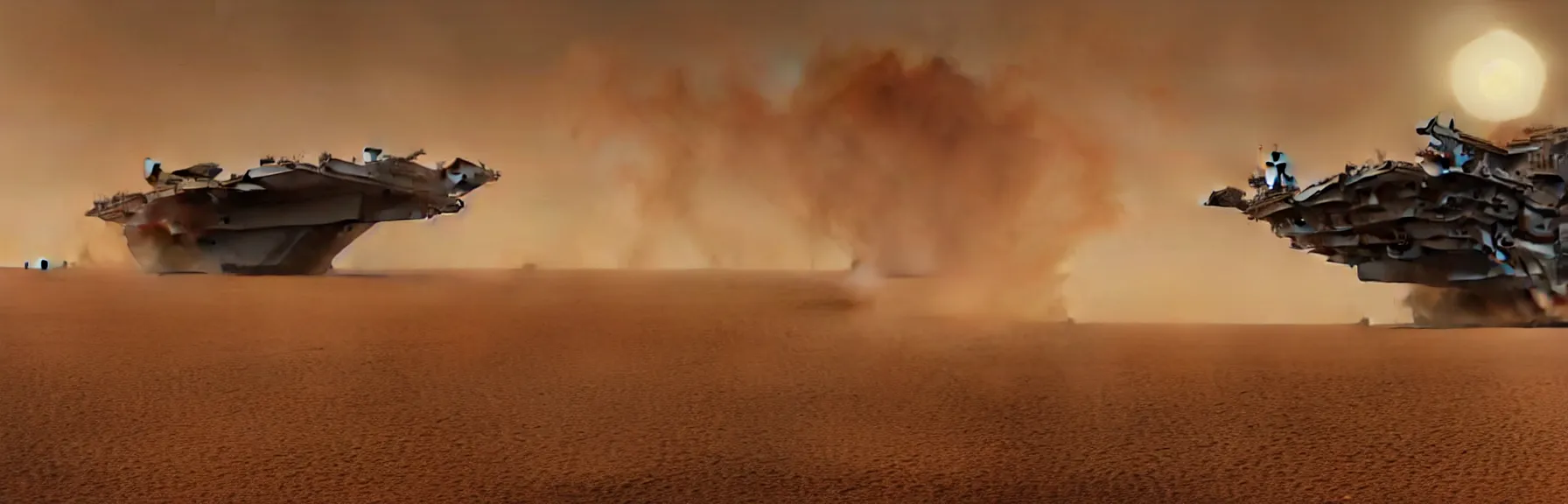 Image similar to a scattered wreckage of a gigantic sci-fi aircraft carrier in the desert surrounded by dunes, Madmax style. Haze and a sandstorm is gathering in the sky, gloomy mood, hyperrealistic, epic concept art, highly detailed, 8k, cinematic