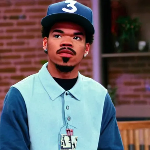 Image similar to a tv still of Chance The Rapper starring as a black college student at Jones College Prep in a 1993 sitcom