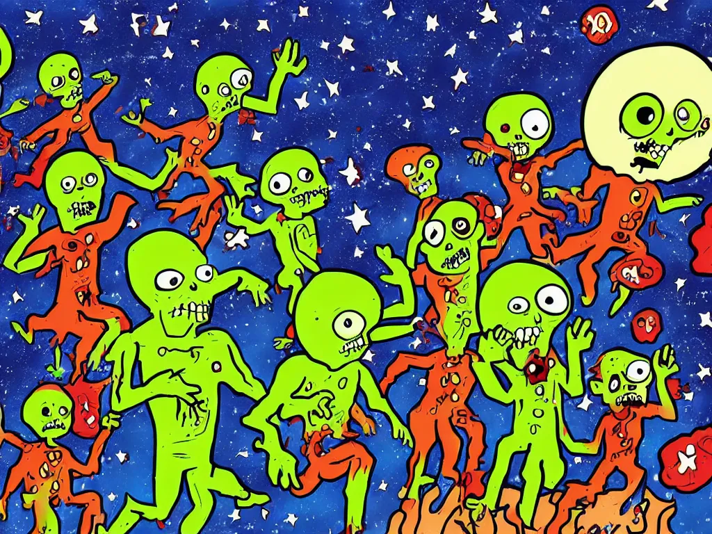 Prompt: exploding zombies in space, children's illustration, cartoon