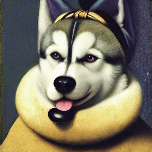 Image similar to A husky dog with a pearl earring by Johannes Vermeer