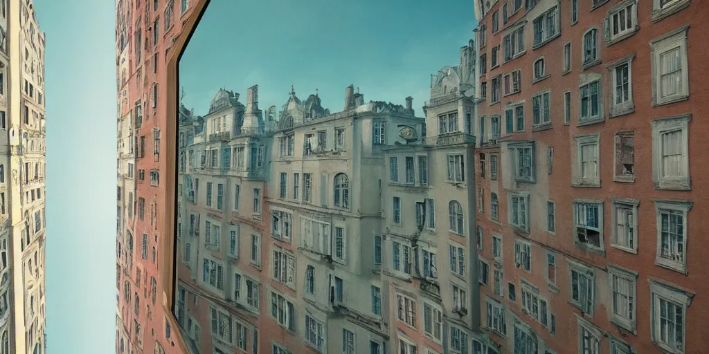 Prompt: a very high resolution image from a new movie, upside - down building, mirror, door, beautiful scenery, photorealistic, photography, directed by wes anderson