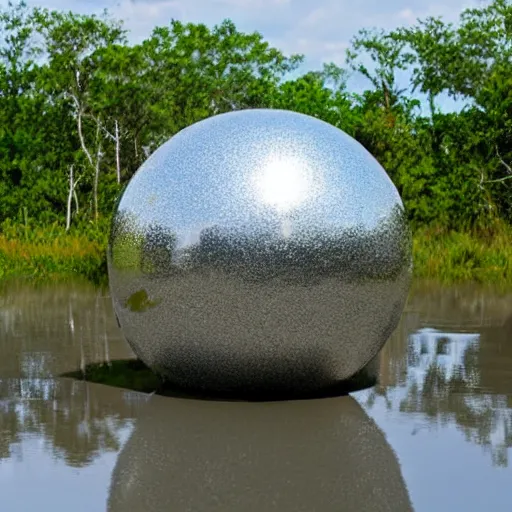 Image similar to a large metallic ball with a mirror finish site in the florida everglades covered in mud, photorealistic