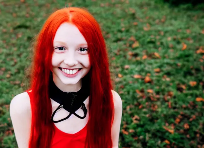 Image similar to portrait of a red haired girl with a choker necklace, and a beautiful smile