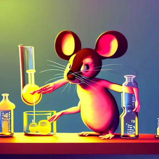 Prompt: anthropomorphic mouse performing a chemistry experiment, in a cluttered lab, lots of beakers, illustration, cyberpunk, sci - fi fantasy, intricate, elegant, highly detailed, digital painting, pastel colors, artstation, concept art