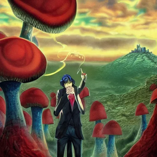 Prompt: A centered chest up portrait of a psychedelic godlike atlas mothman smoking a hand-rolled cigarette smoking heavily , magic mushroom village in background , award winning. superb resolution. in the art style of junji Ito and greg rutkowski . Detailed Mushroom city in background. Hyper realistic anime. Perfect art. Dalle2