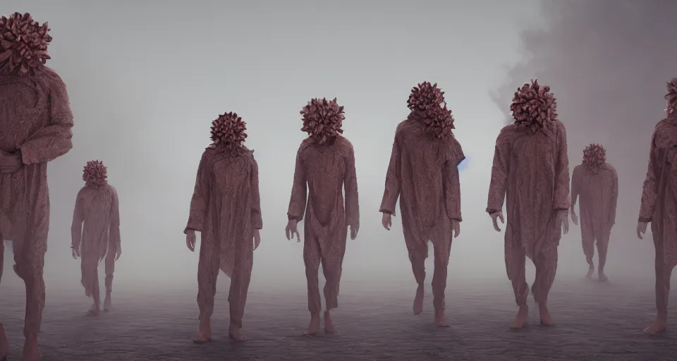 Image similar to a photo of humanoid aliens! with floral heads wearing robes in a foggy desert, octane render, cg society,