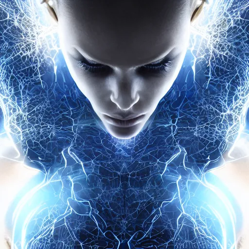 Image similar to photography of a hyper realistic highly detailed stunning humanoid creature, controls complex and highly detailed blue lightning storms as a super power. professionnal digital art, artstatiom, stuning, intricate, complex, unreal engine 5.