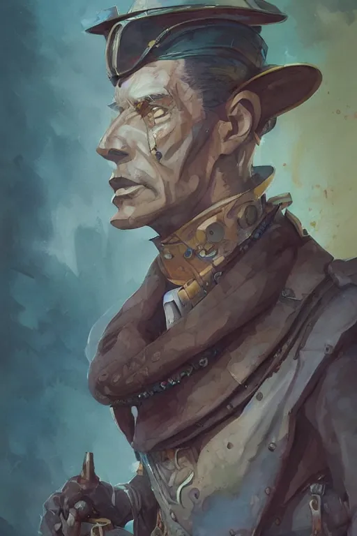 Image similar to zoomed out portrait of a duke, stylized illustration by peter mohrbacher and moebius, watercolor gouache detailed paintings, dieselpunk, solarpunk, artstation