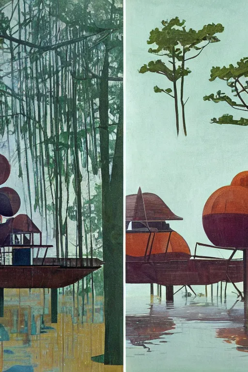 Prompt: spherical tree houses in flooded street ( ( ( ( painting by aaron douglas ) ) ) ) painting by alvar aalto