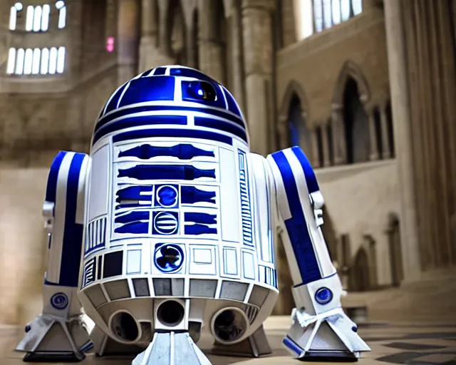 Prompt: A extremely detailed photo of Star Wars R2-D2. Baptised, in a large cathedral, in front of family and friends. Wide-Angle Lens. Maximum detail.