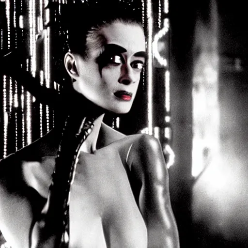 Image similar to cinematic portrait of bride of frankenstein as a replicant in a nightclub, still from the movie bladerunner, fashion photography, a neon sign is in the background