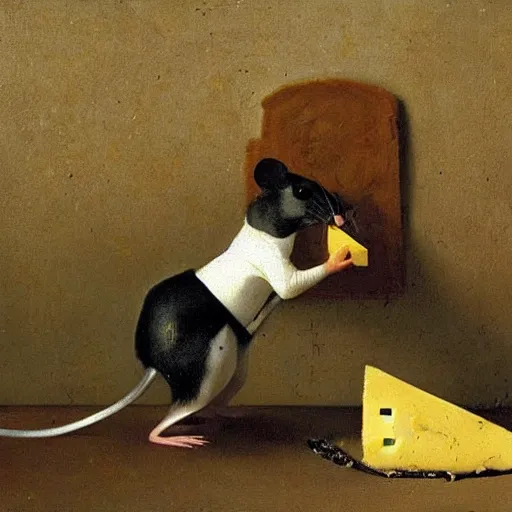 Prompt: mice pulling a chariot with a big slice of cheese on it, oil painting, painted by vermeer