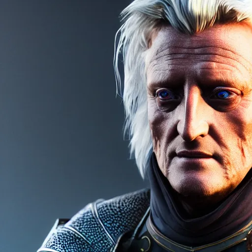 Prompt: rutger hauer as a fantasy rogue dressed as a knight, wide shot character portrait, symmetrical perfect face, porcelain skin, pink twintail hair and cyan eyes, ultra detailed, digital art, unreal engine 5, octane render, 2 d anime, 8 k