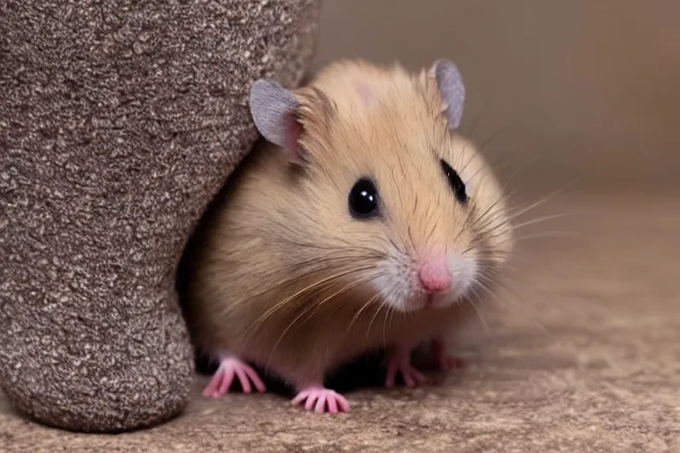 Image similar to a cute baby hamster, with whole body in a giant shoe, only head left visible