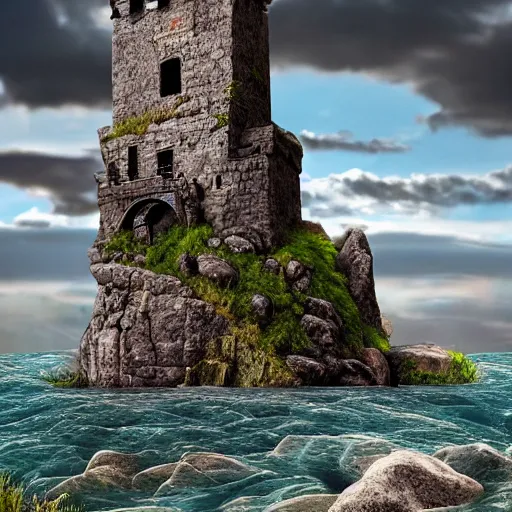 Prompt: a dark stone tower on a rocky mountain surrounded by rough flowing water, realistic, detailed, medieval