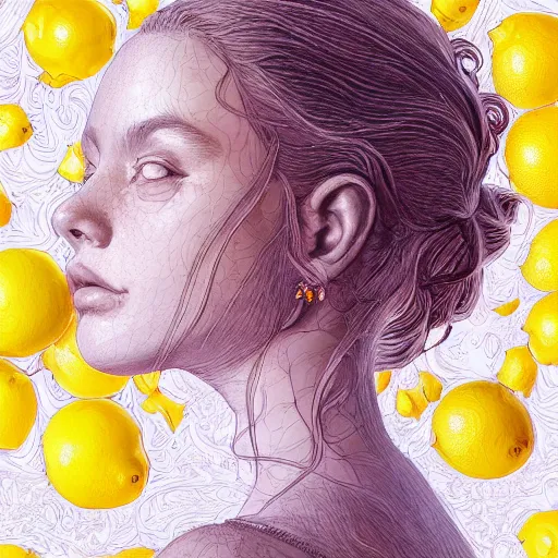 Image similar to the portrait of an absurdly beautiful, graceful, elegant, sophisticated, young teen girl made up of lemons looking up, an ultrafine hyperdetailed illustration by kim jung gi, irakli nadar, intricate linework, bright colors, octopath traveler, final fantasy, unreal engine 5 highly rendered, global illumination, radiant light, detailed and intricate environment