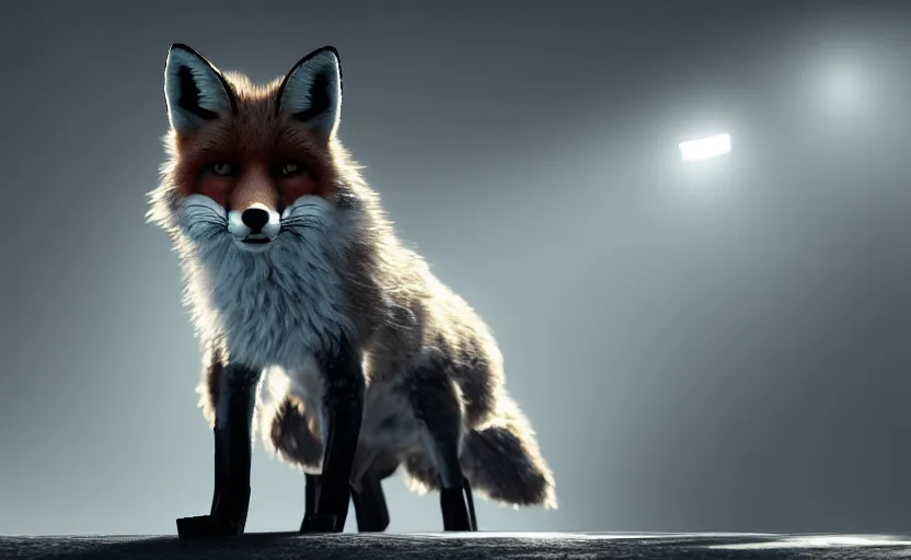 Prompt: a slightly menacing fox. daylight. sunlight. lens flare. light fixtures. art in atompunk style. 8K. detailed. photorealism. artstation. ultra realistic