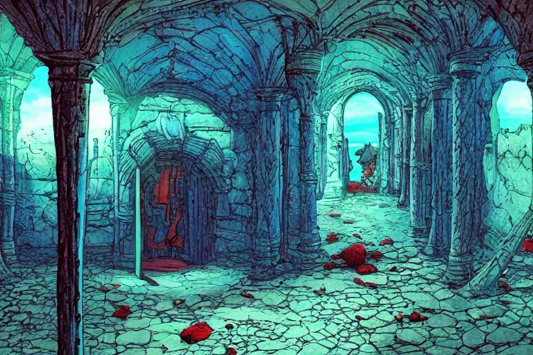 Prompt: burrowed POINT PERSPECTIVE DUNGEON grounds ROOM, painted by Edward Gorey and Moebius and Greg Rutkowski and Paul Wenzel and George Barr and Stephen Youll,trending on artstation, iridescent cool blue and cyan and red and blue and yellow and green lighting front view solarpunk , outrun , vibrant colors, Sabattier filter , Watercolor