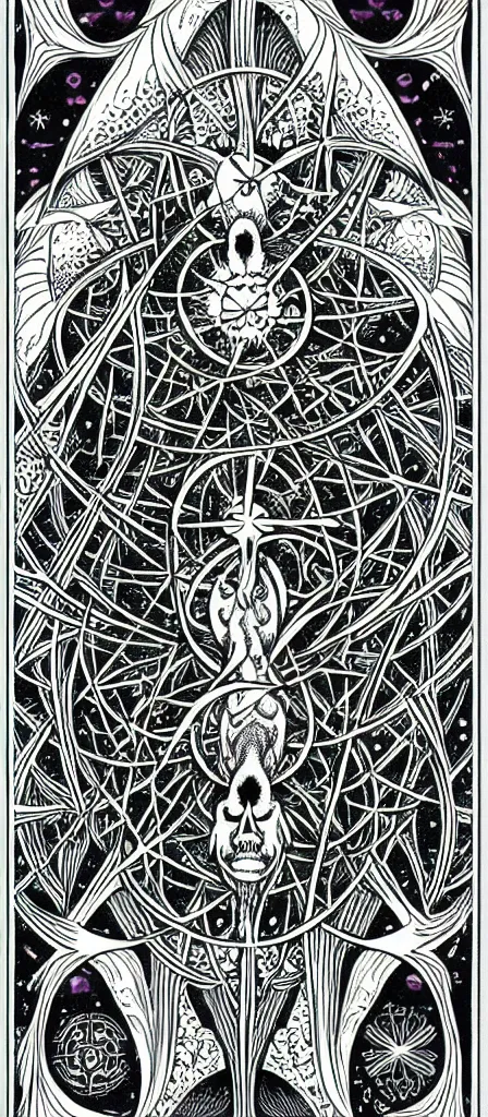 Image similar to a beautiful fractal tarot card featuring bold occult imagery with clean lines. skullpunk demon. dimension. haeckel fish and sea creatures. detailed adult coloring book