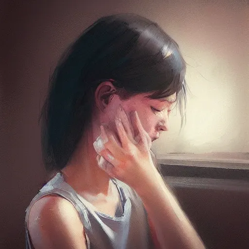 Image similar to “a girl crying in the corner by Greg Rutkowski, realism, depression, trending on artstation”